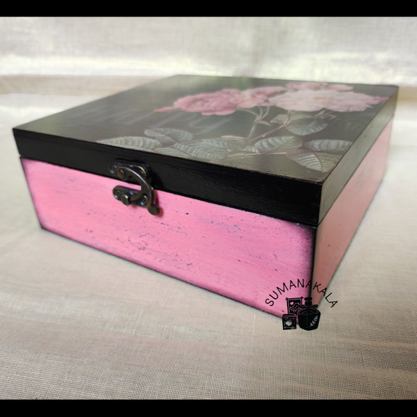 Blooming Pink And Dashing Black Mdf Decoupaged Box