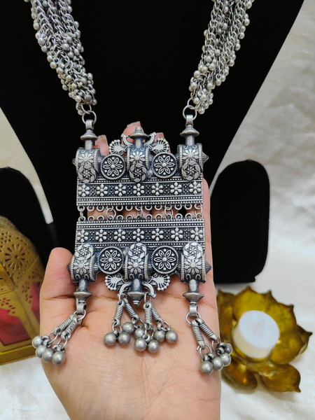 Silver Look Alike Long Temple Necklace Ghungroo Necklace, Tribal