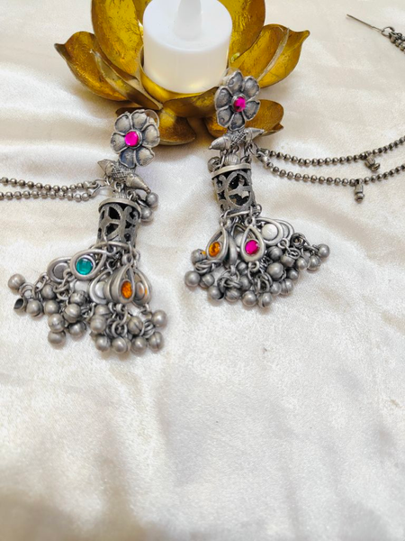 Meenal Silver Jhumka, Multicolored Jhumka Kaan chain Earrings