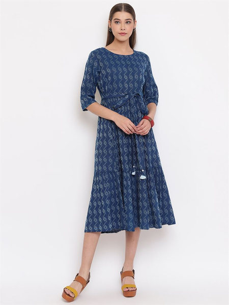 Blue Cotton Woven Design Flared Western Dress Blue Cotton Woven Design Flared Western Dress