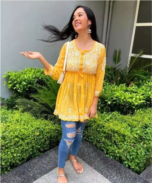 Tiger Print Kurti Design Yellow Frock Tiger Girl Chikankari Kurta