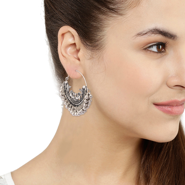 Zephyrr Fashion Handmade Oxidized Silver Beaded Chandbali Hoop