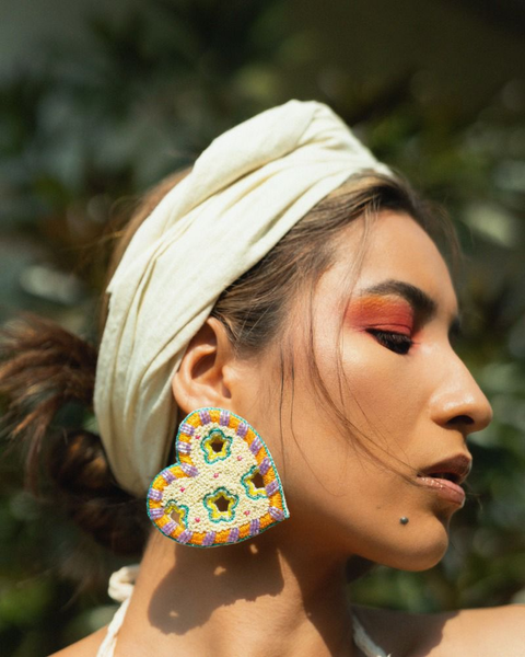 Off white hand embroidered heart shaped earrings for women