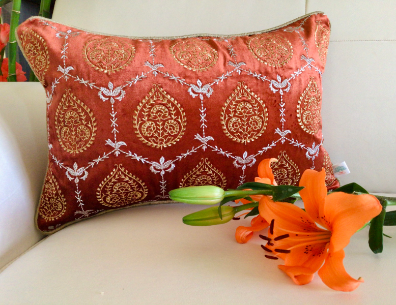 Padmini- Embroidered Luxury Velvet Cushion Cover- Burnt Orange 12