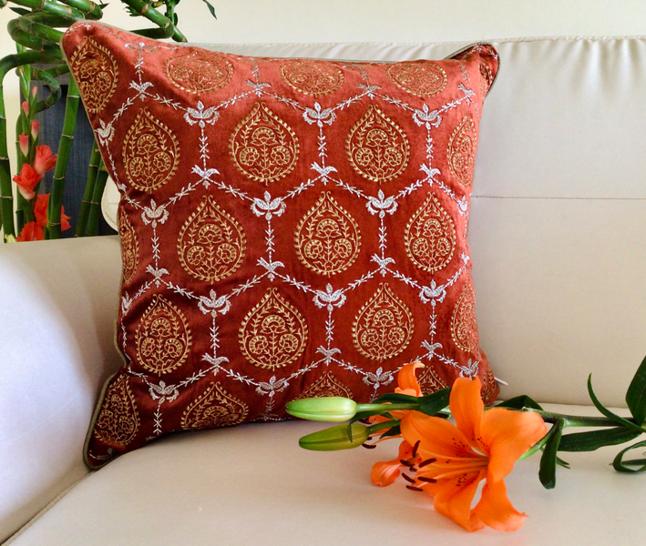 Padmini- Embroidered Luxury Velvet Cushion Cover- Burnt Orange