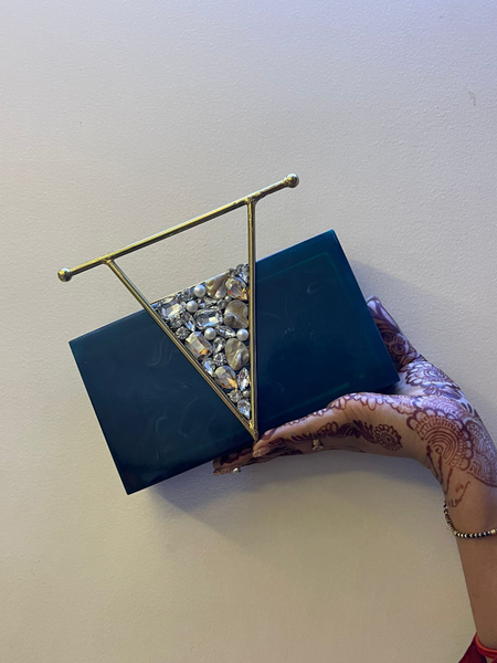 Bottle Green Resin Acrylic Clutch Bag with designer Brass handle