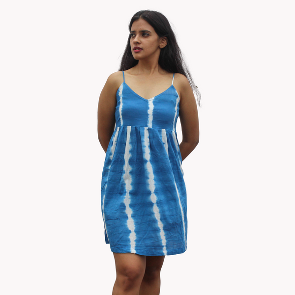 Women Blue Tie-dye V-neck knee length dress