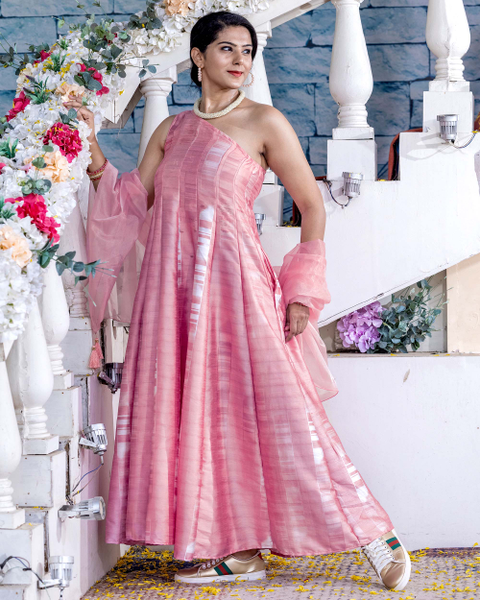 strapless open back dress Peach One Shoulder Cape Anarkali  Chhavvi Aggarwal