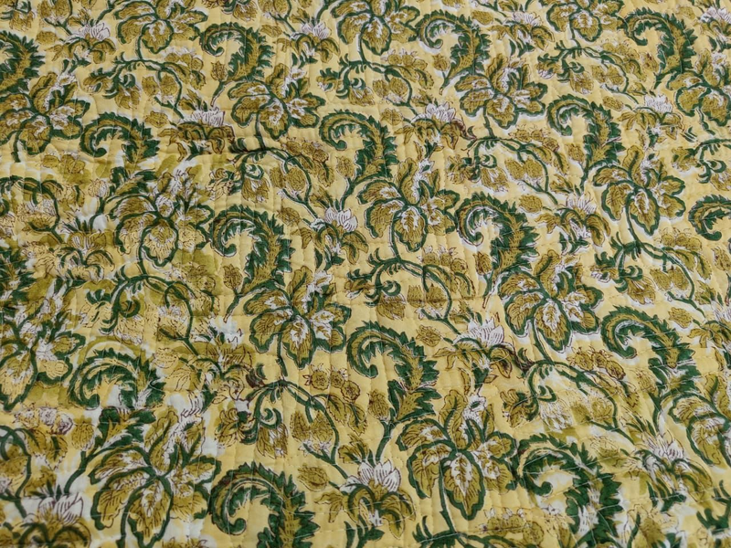 Yellow - Bagh Block Printed Cotton Double Bed Cover with Pillow Covers (113 x 93 in)