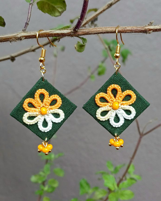 Handmade Fabric Cum Tatted Lightweight Green Color Earrings With