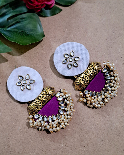 Ekani White/purple Handcrafted Fabric Pearl Kundan Earrings