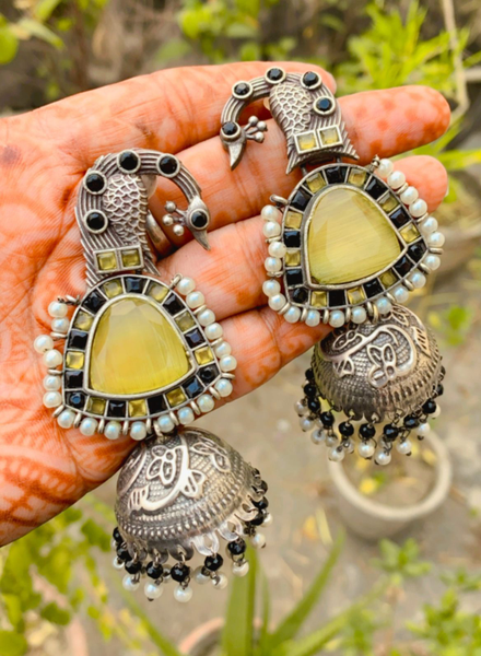 Ekani Mali Silver Lookalike Brass Made Stone Big Jhumka Earrings