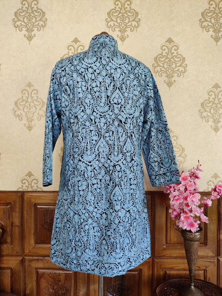 LONG KASHMIRI JAMAWAR JACKET WITH HEAVY PAISLEY-FLORAL EMBROIDERY