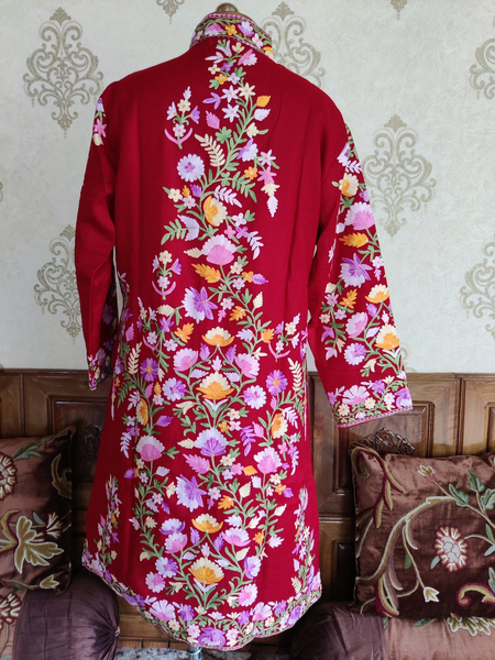 MAROON LONG KASHMIRI JACKET WITH MULTICOLOR FLORAL EMBROIDERY