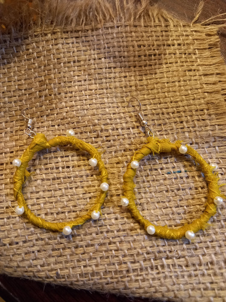 Hand Made Fabric Earrings Wrapped With Thread And Beads💛