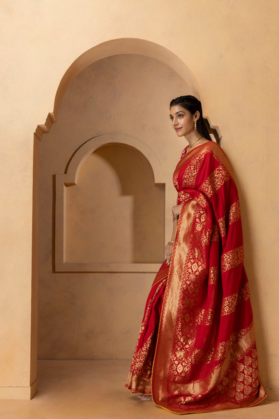 Crimson Red Woven Banarasi Soft Silk Saree