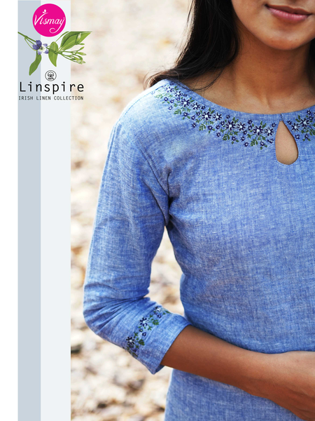 Floral Embroidery Neck Embroidery Designs For Kurtis Lotus Blue