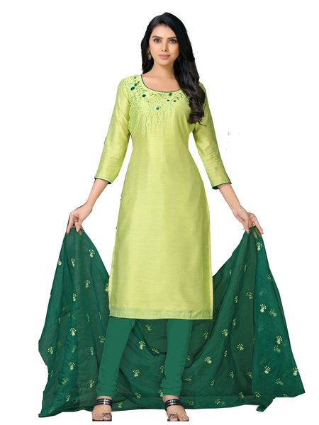 Lemon yellow and leaf green poly silk churidar material with embroidery