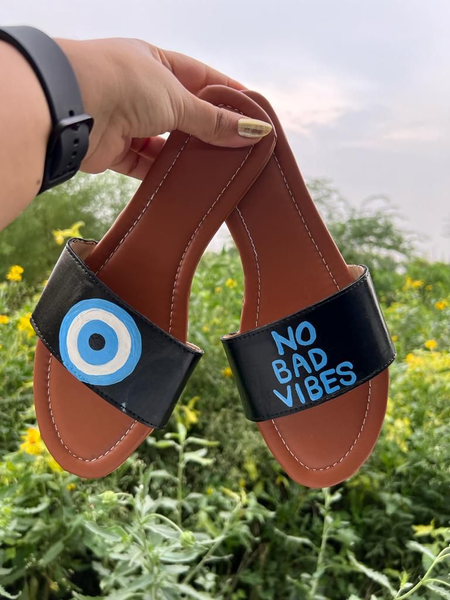 Black no Bad Vibes handmade slippers