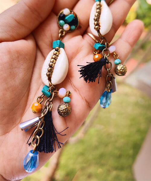 Turquoise Mix Boho Shell Tassel Earrings