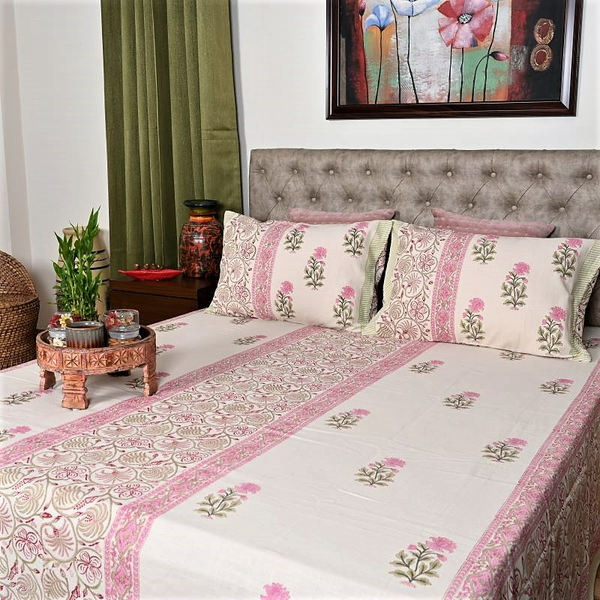 Pink Floral Block Print Handloom Bed Cover Set