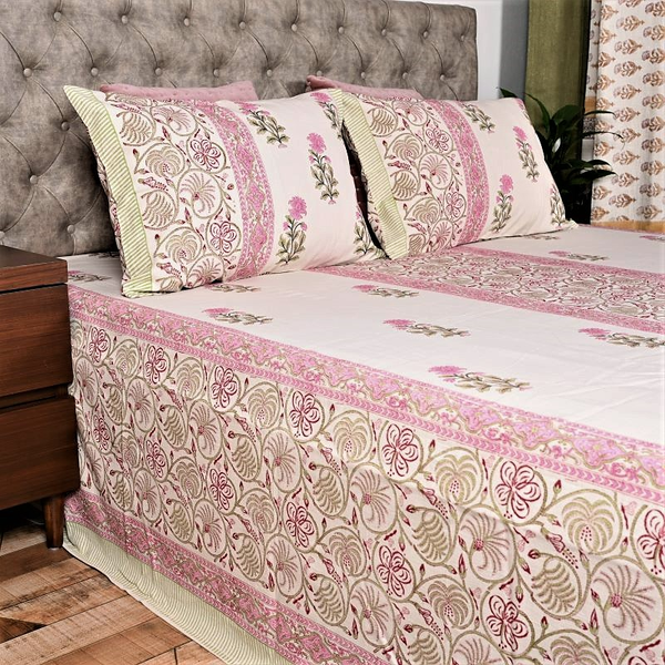 Pink Floral Block Print Handloom Bed Cover Set