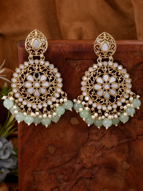 Gold plated Mirror Jhumka Earrings with Mint Green Stones