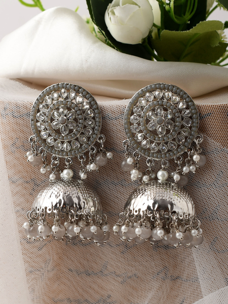Silver Plated Big Grey Jhumka Earrings