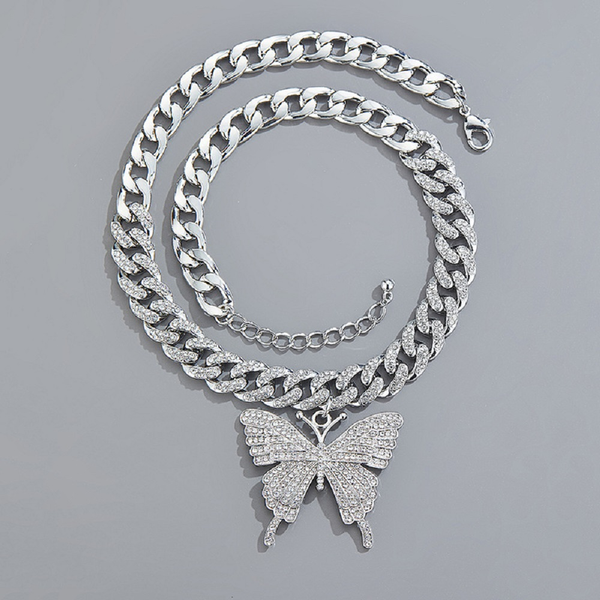 Men's Butterfly Pendant Cuban Chain 18inch Silver-plated Necklace