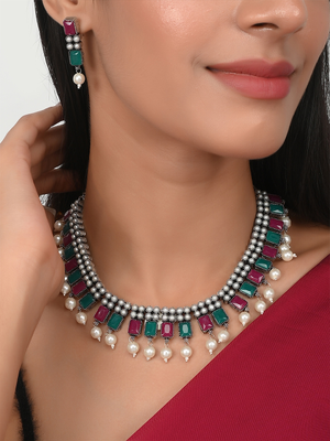 Red - Antique Silver Finish Oxidised Brass Base Stone Work Necklace Set
