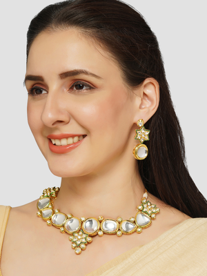 Gold-Polished White Kundan Stone Studded Jewellery Set - Ruby Raang