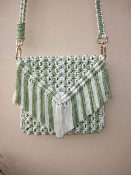 Macramé Sling Bag In Olive Green And Off White