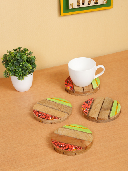 Shilpkara 'Madhubani Elephant' Wooden Round Coasters for Office in