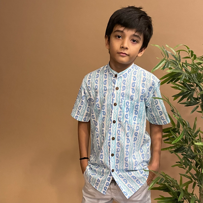 Blue - Bindaas Block Printed Cotton Full-Sleeve Kids Shirt