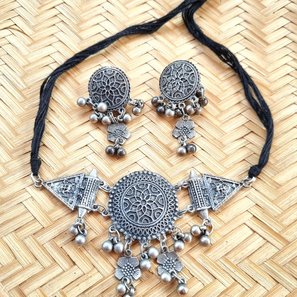 Black Polish adjustable Choker with Ghungroo and matching Earrings