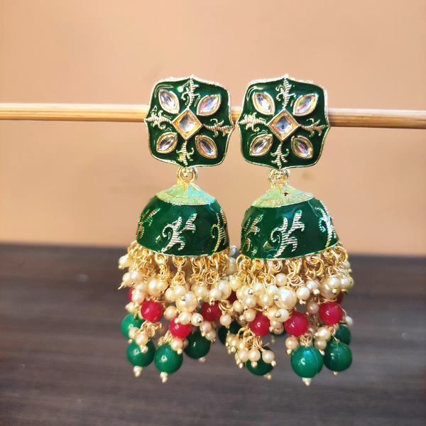 Fancy Green Color Bridal Meenakari Jhumka Earrings with colorful Beads