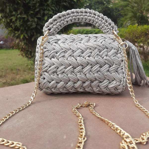 Shiroli Handmade Designer Crochet Metallica Grey Bag