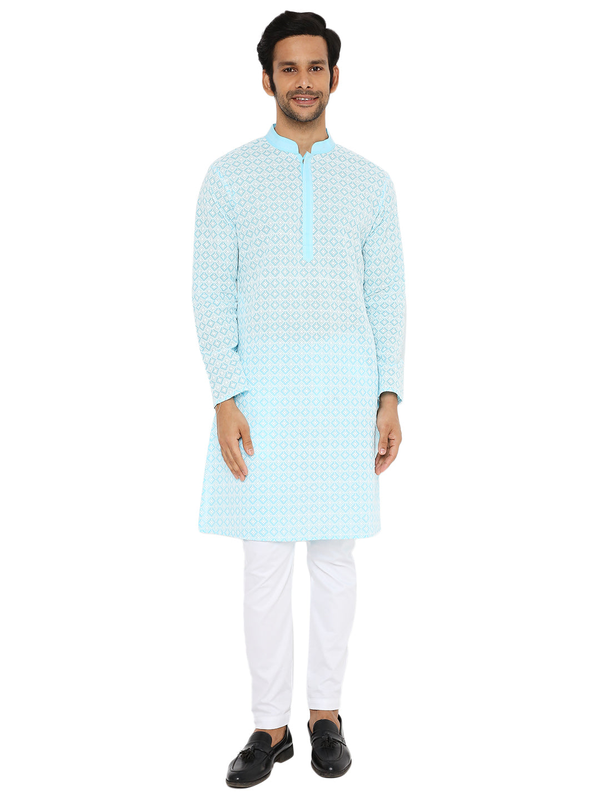 OLYMPIC BLUE REGULAR FIT KURTA WITH WHITE THREAD EMBRIODERY