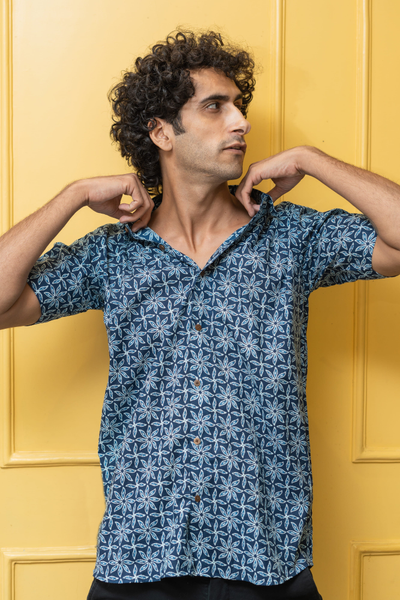 Navy Floral Print Casual Long Sleeve Shirt 43990 main image 1