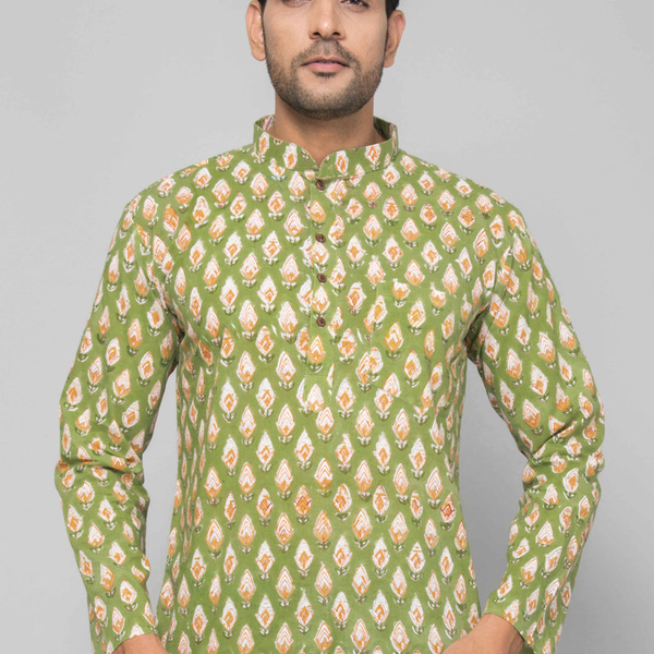 Pastel Green Straight Kurta Set With Solid Teal Green Pants & Dobby Printed Detailing
