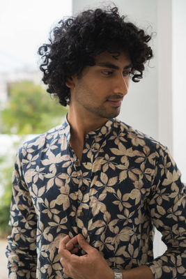 Blue Floral Foil Printed Short Kurta and Pants Co-ord Set