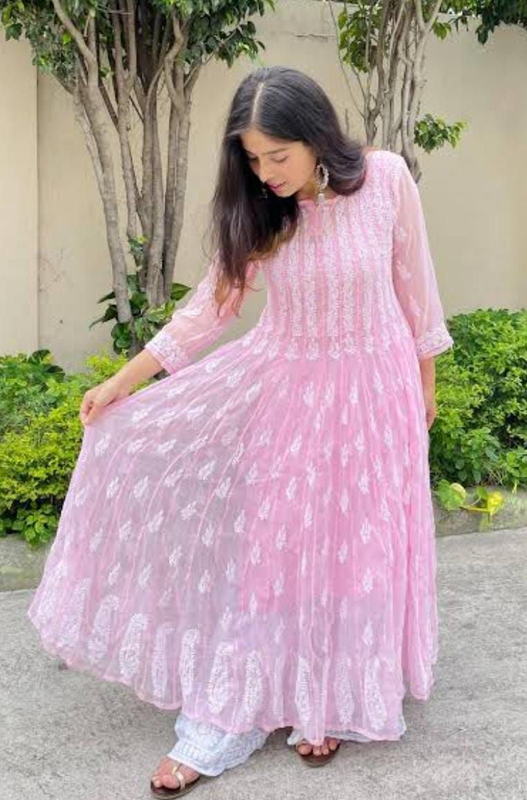 Original 56 Kali Lucknowi Chikankari Full Ghera Long Anarkali Gown