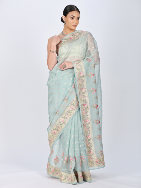 Blue Embroidered Organza Saree With Unstitched Blouse Piece main image 1