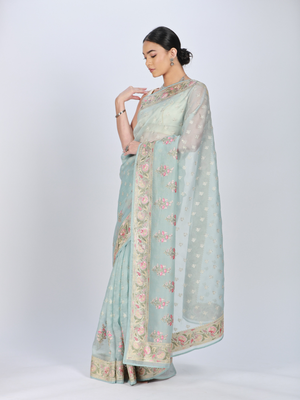 Blue Embroidered Organza Saree With Unstitched Blouse Piece