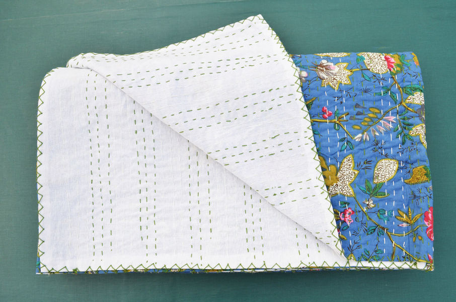 Block Print Kantha Quilt, Pure Cotton Handmade Applique Kantha