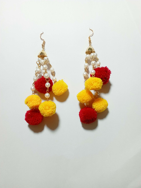 SRA Decor Yellow with Maroon Pom Pom Earrings