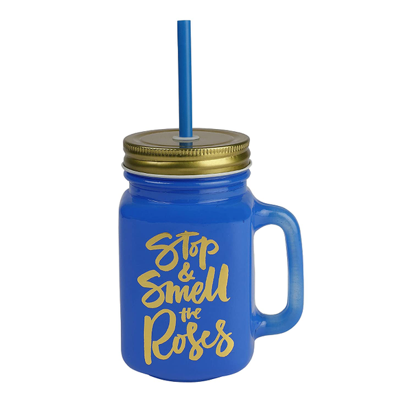 The Decor Lane Blue Color Mason Jar With Lid And Reusable Straw 500 ml