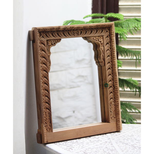 Wooden Carved Natural Finish Sekhawati Wall Mirror Frame Wall