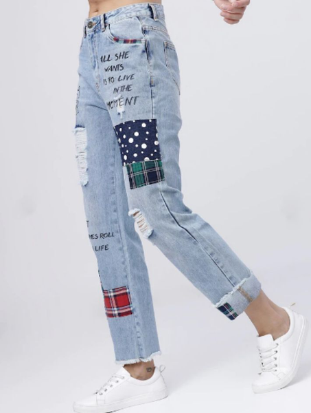 Stylish Patch Work Customized Denim Jeans For Her