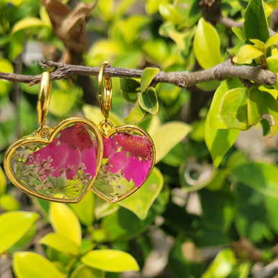 Pink Heart Floral Resin Earrings